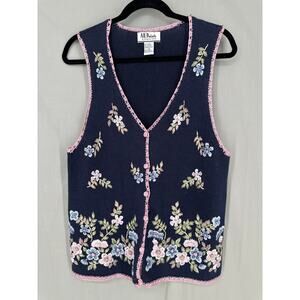 Vintage Sweater Vest Women Medium Navy Blue Floral Crochet Pastel Cottage Garden